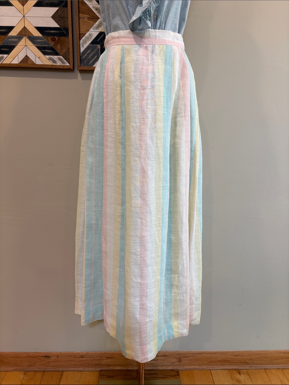 Vintage Tassels & Cuffs Corbin Ltd Striped Pastel Pleated Linen Skirt size Small - Picture 2 of 14